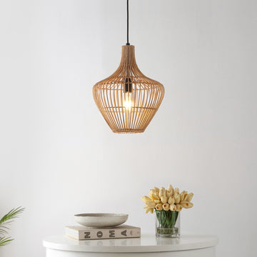 Lucas 13" Farmhouse Coastal Rattan 180" Cord Plug-In or Hardwired LED Pendant - JONATHAN Y